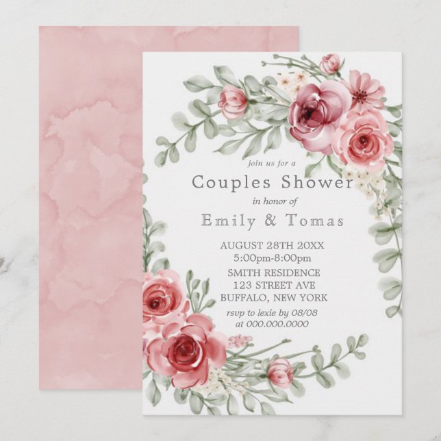 Carte Aquarelle framboise et rose Peony Couples Douche (Devant / Derrière)