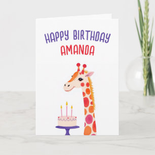 Carte Aquarelle Giraffe avec gâteau et couronne Annivers