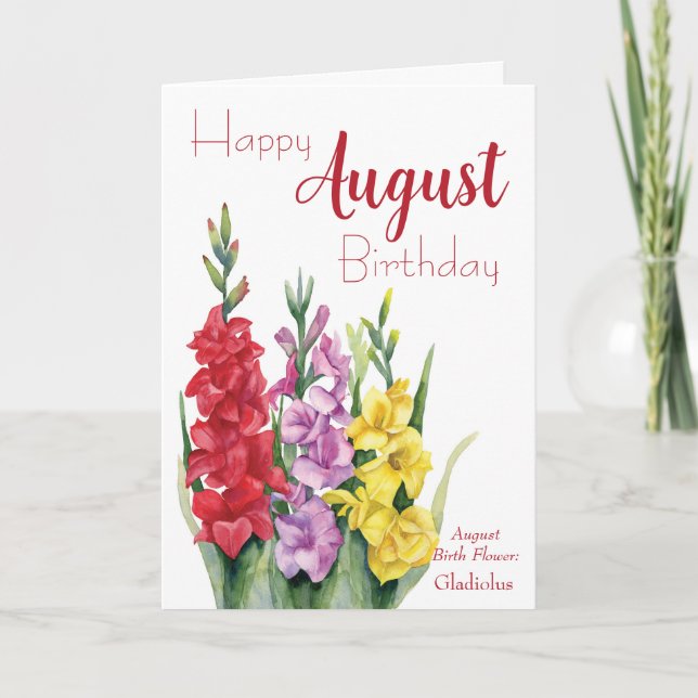 Carte Aquarelle Gladiolus Août Fleur de naissance Annive (Devant)
