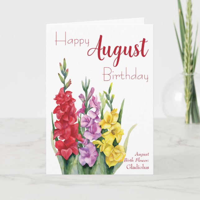 Carte Aquarelle Gladiolus Août Fleur de naissance Annive (Devant)