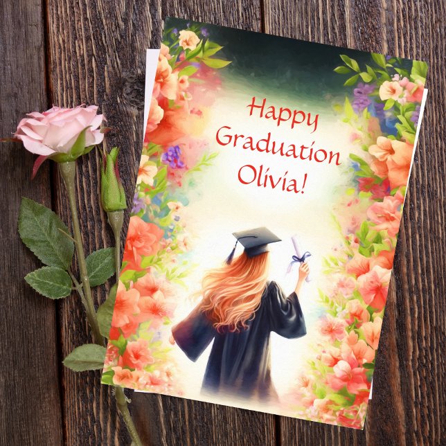 Carte Aquarelle Happy Graduation Blonde Fille Et Fleur (From the ground up, she's blossomed into blooming success in cap and gown!)