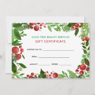 Carte Aquarelle Holly Red Berries Certificat cadeau