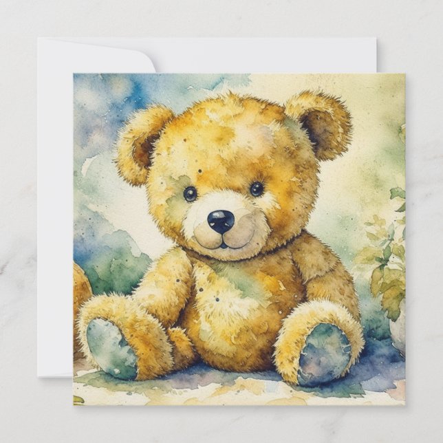 Carte Aquarelle illustrant un Merci d'ours en peluche (Devant)