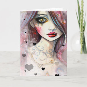 Carte Aquarelle Imaginaire Art Girl and Hearts