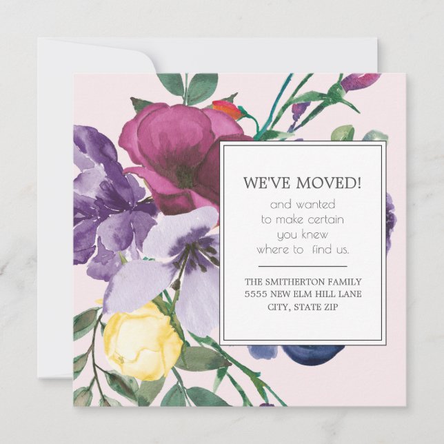 Carte Aquarelle jaune violet rose floral Nouvelle adress (Devant)