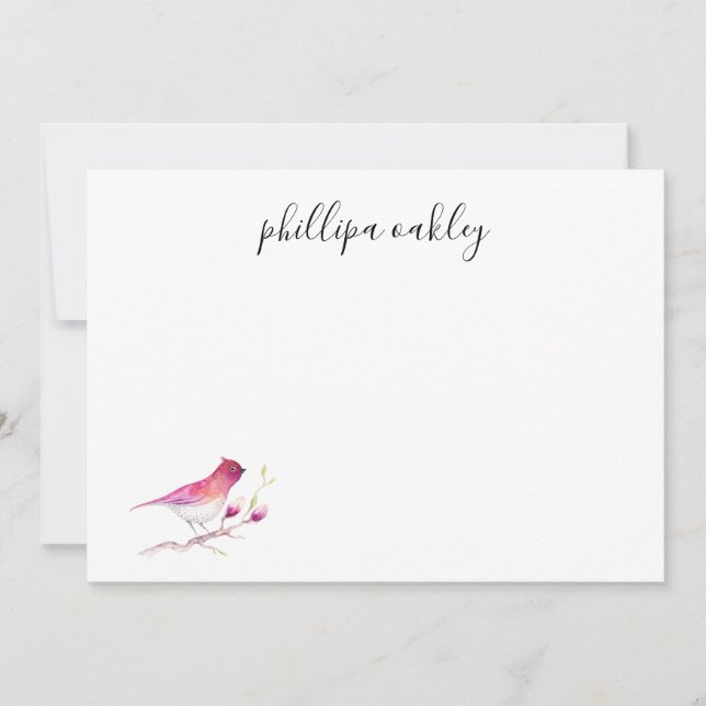 Carte Aquarelle jolie rose Oiseau plat personnalisé (Devant)