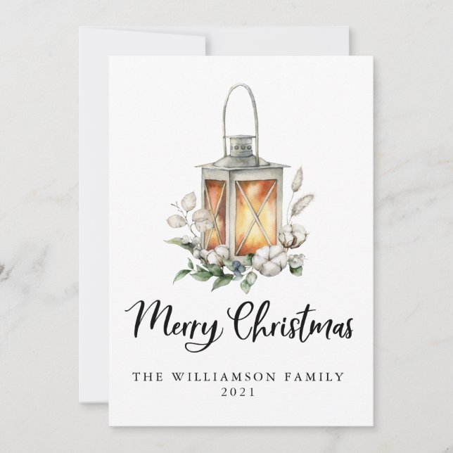 Carte Aquarelle Joyeux Noël Coton vert lanterne (Devant)