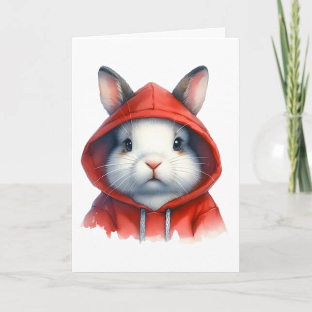 Carte Aquarelle Lapin Blanc en Capuche Rouge  (Devant)