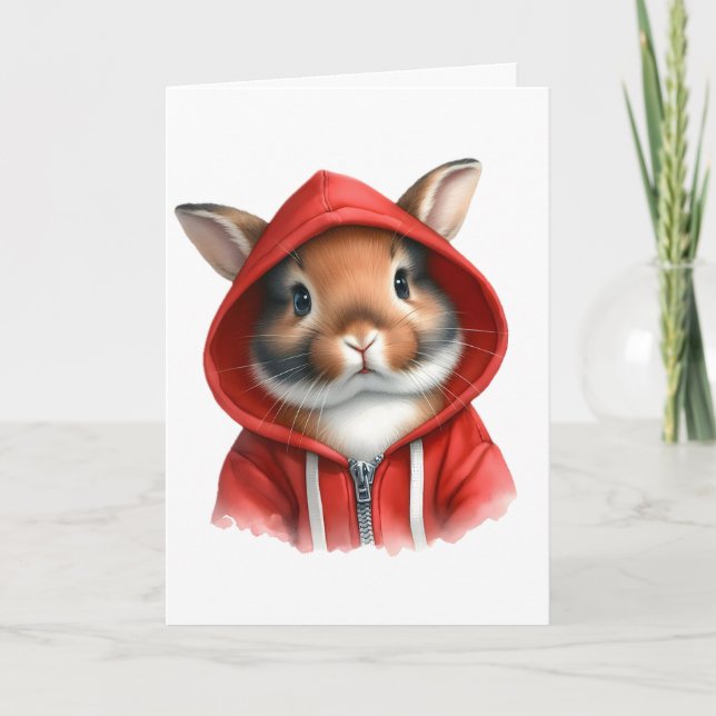 Carte Aquarelle Lapin Brun en Sweat à Capuche Rouge  (Devant)