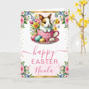 Carte Aquarelle Lapin Fleurs de Printemps Joyeuses Pâque