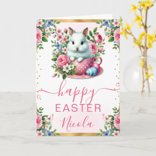 Carte Aquarelle Lapin Fleurs de Printemps Joyeuses Pâque