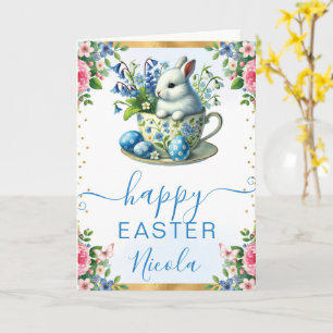 Carte Aquarelle Lapin Fleurs de Printemps Joyeuses Pâque