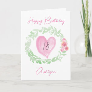 Carte Aquarelle Laurel Coeur rose 18e anniversaire