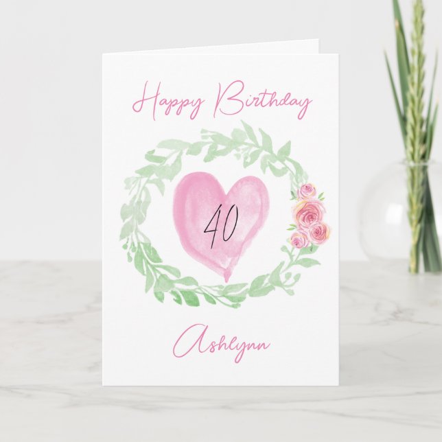 Carte Aquarelle Laurel Coeur rose 40e anniversaire (Devant)