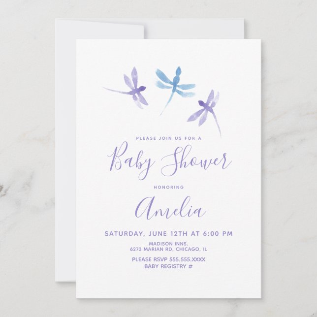 Carte Aquarelle libellule bleu violet Baby shower bleu (Devant)