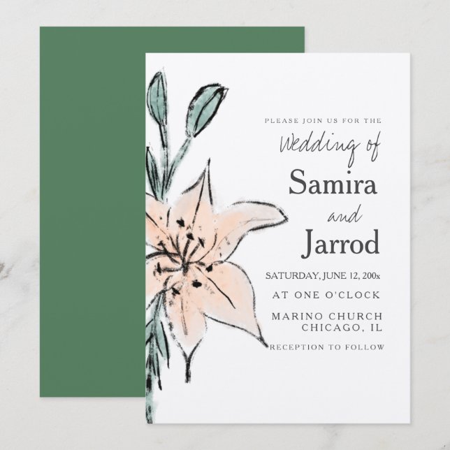 Carte Aquarelle Lily Floral Line Art Ink Mariage Kraft (Devant / Derrière)