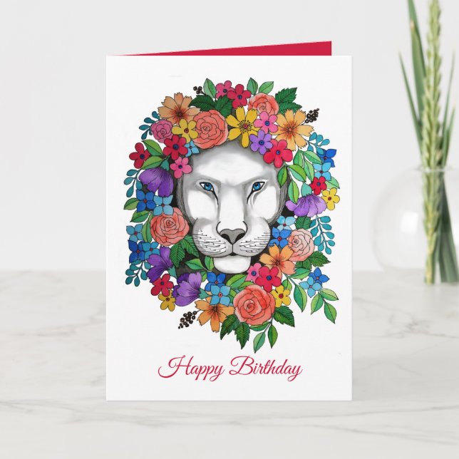 Carte Aquarelle Lion Et Fleurs Arc En Ciel (Devant)