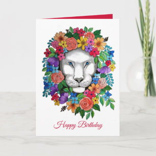Carte Aquarelle Lion Et Fleurs Arc En Ciel