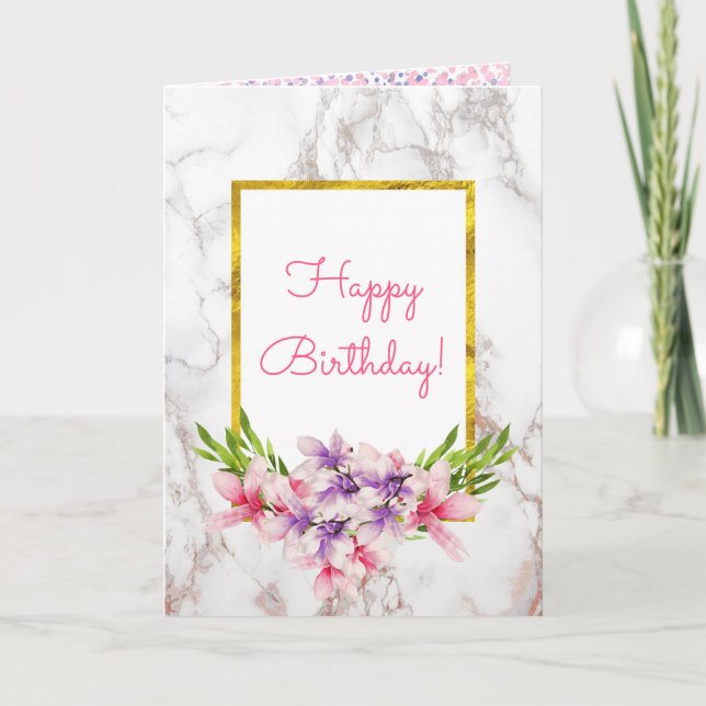Carte Aquarelle Magnolias, Marbre blanc Design Birthda (Devant)