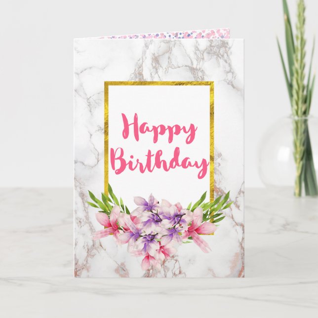 Carte Aquarelle Magnolias, Marbre blanc Design Birthda (Devant)