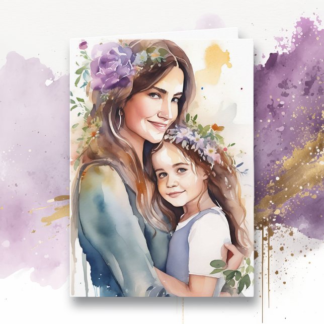 Carte Aquarelle maman et fille pourpre | Fête des mères (Créateur téléchargé)