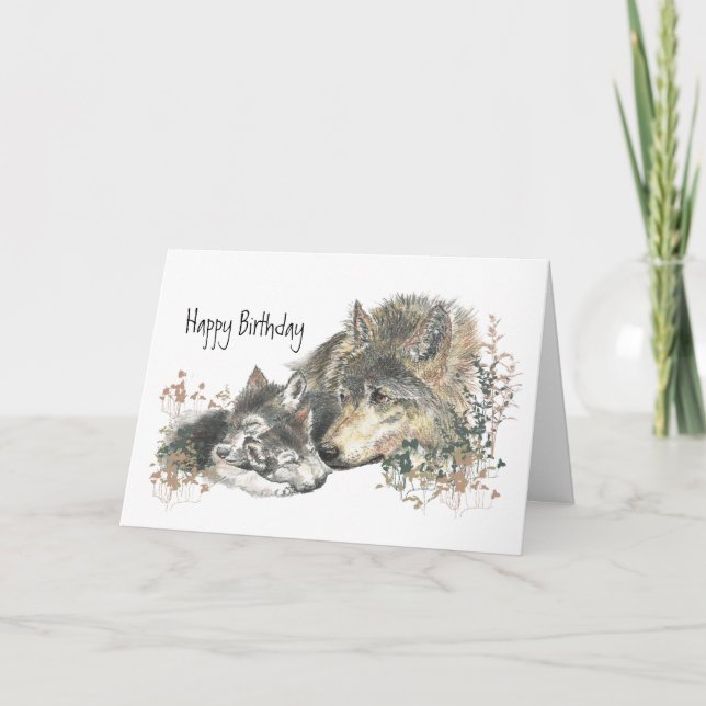 Carte Aquarelle Mère Wolf & Cubs Maman Joyeux Anniversai (Devant)