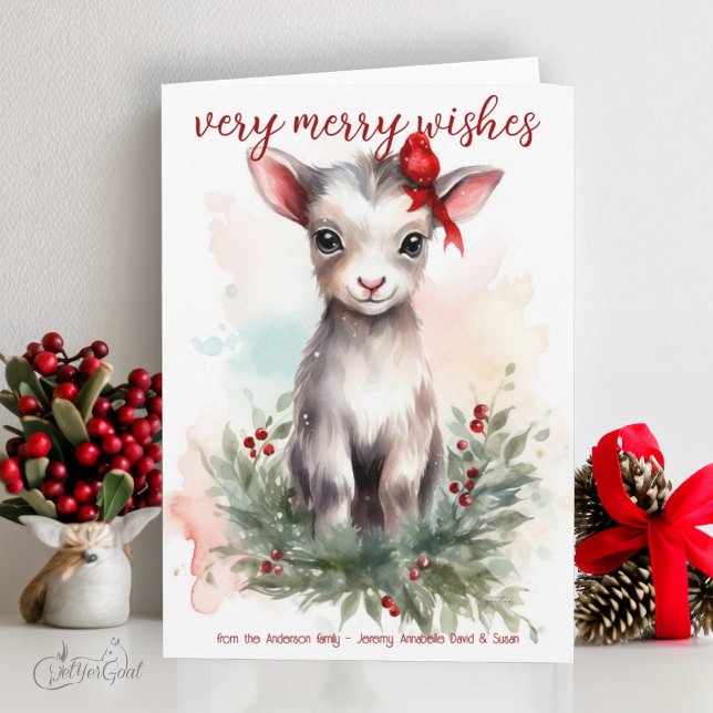Carte Aquarelle mignonne Bébé Chèvre de Noël Joyeux voeu (goat lover's Christmas Cards - baby goats in watercolor - 6th in a series of 8  #zazzlemade)