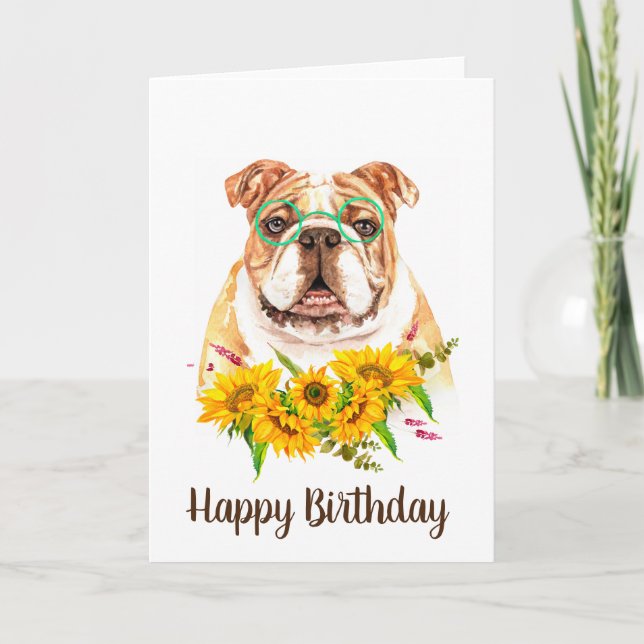 Carte Aquarelle mignonne Bulldog & Sunflowers Anniversai (Devant)