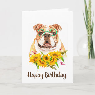 Carte Aquarelle mignonne Bulldog & Sunflowers Anniversai