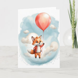 Carte Aquarelle mignonne Petit Fox Gros Balloon rouge Bl