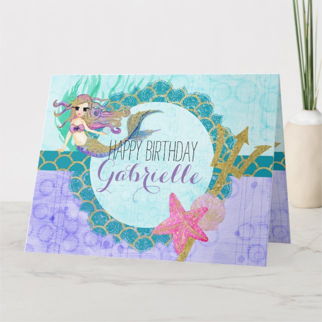 Carte Aquarelle mignonne sirène Turquoise mauve fille An (Devant)
