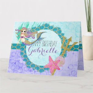 Carte Aquarelle mignonne sirène Turquoise mauve fille An