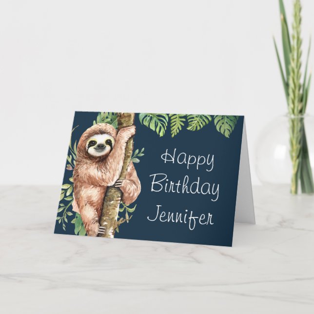 Carte Aquarelle mignonne Sloth & Feuilles tropicaux Anni (Devant)