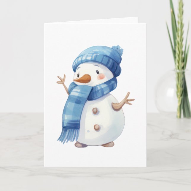 Carte Aquarelle mignonne Snowman avec Écharpe Bleue (Devant)