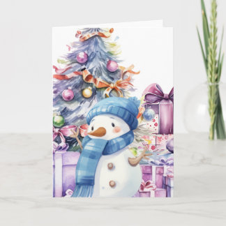 Carte Aquarelle mignonne Snowman avec Écharpe Bleue et A