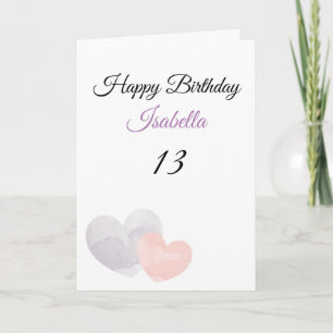 Carte Aquarelle mignonne violet double coeur 13e anniver