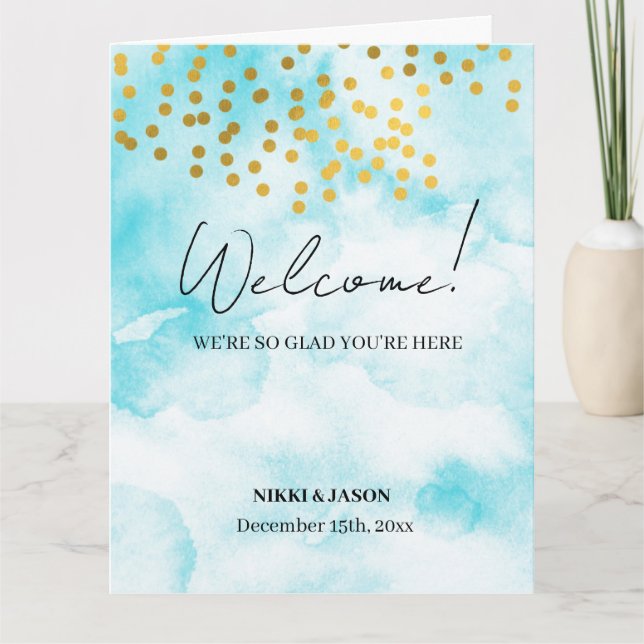 Carte Aquarelle Minimale Gold Confetti Mariage Bienvenue (Devant)