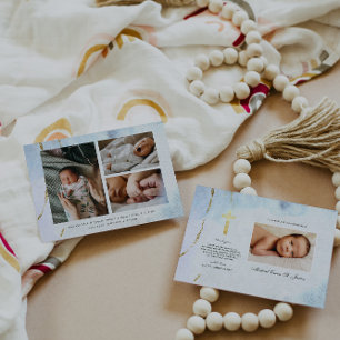 Carte Aquarelle moderne   Baptême bleu et or