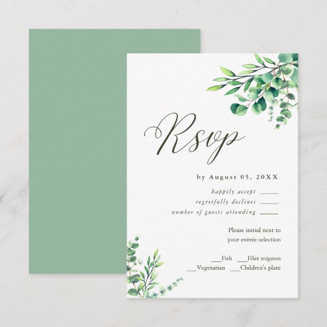 Carte Aquarelle moderne Eucalyptus Verdure Mariage RSVP (Devant / Derrière)