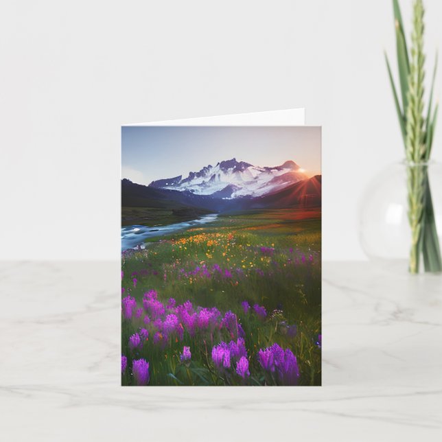 Carte Aquarelle montagne et fleurs personnalisable (Devant)