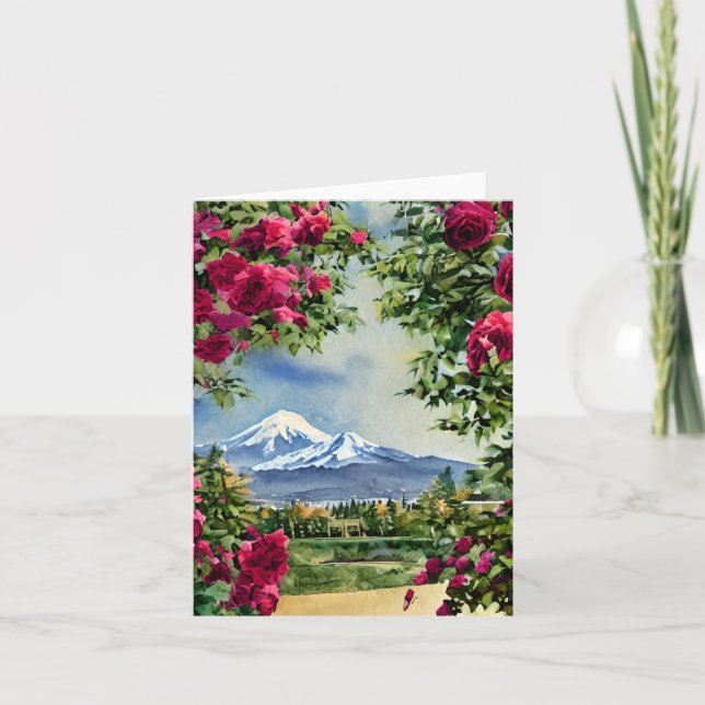 Carte Aquarelle Mt Hoot et roses personnalisable (Devant)