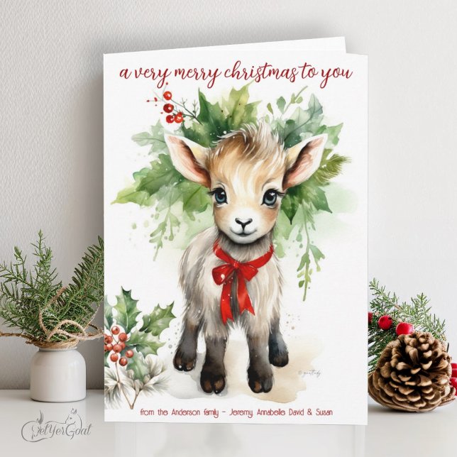 Carte Aquarelle Noël Chèvre Bébé Joyeux Noël (goat lover's Christmas Cards - baby goats in watercolor - 1st in a series of 8  #zazzlemade)