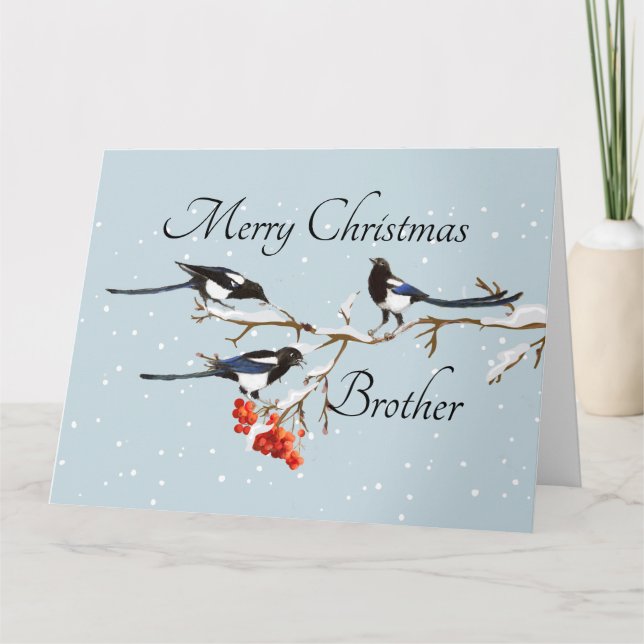 Carte Aquarelle Noël Holly Magpie Bird Brother (Devant)