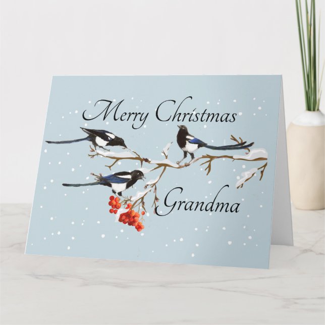 Carte Aquarelle Noël Holly Magpie Bird Grand-mère (Devant)