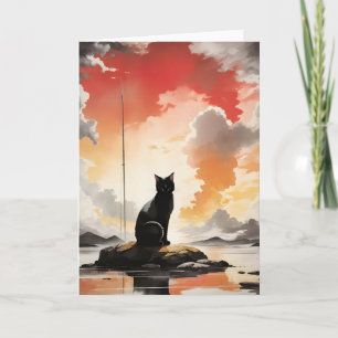 Carte Aquarelle noir chat sur un rocher Portrait blanc