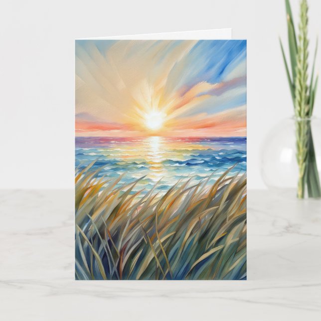 Carte Aquarelle Ocean Sunrise Penser à vous (Devant)