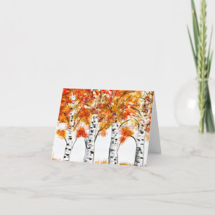 Carte Aquarelle Oiseaux Arbres Automne Orange Feuille