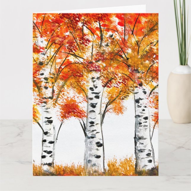 Carte Aquarelle Oiseaux Arbres Automne Orange Feuille (Devant)