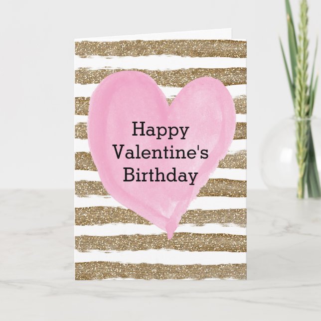 Carte Aquarelle Or Coeur rose Saint Valentin Anniversair (Devant)