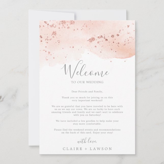 Carte Aquarelle or rose Bienvenue Lettre & Itinéraire (Devant)